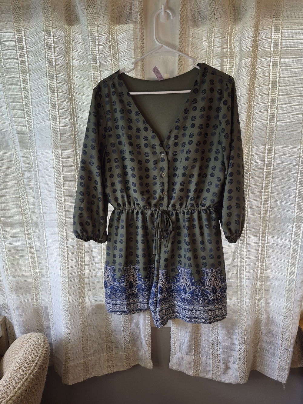 Alya Olive Green Romper with Blue Border Print Size L